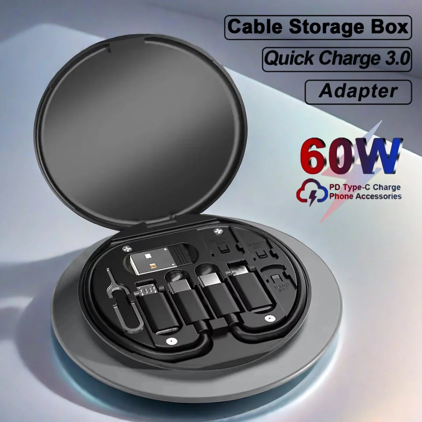 60W Fast Charging Mobile Phone Holder Multifunctional Portable Data Cable Storage Box Charging Cable Set For Traveling