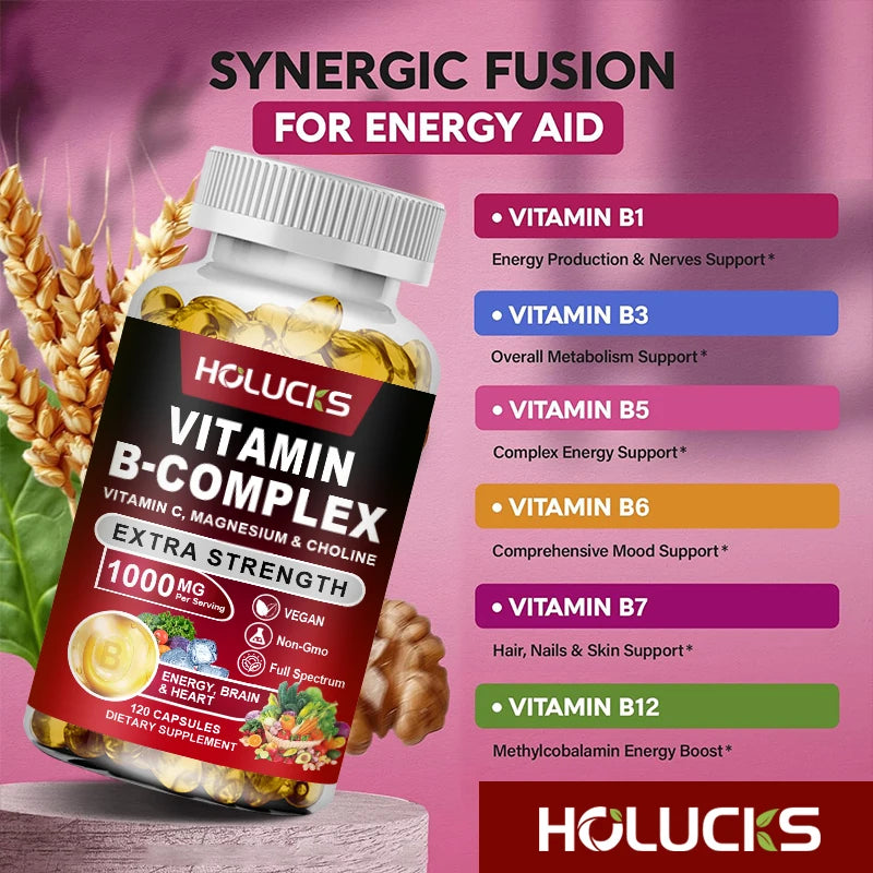 Vitamin B Complex Supplement, Rich in B1, B2, B3, B5, B6, Biotin, Strength Energy, Support Brain & Heart, Promote Metabolism