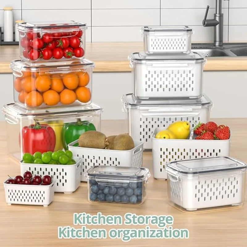17 Piece  Food Storage Containers for Kitchen Organization Includes 7 Lids 7 Boxes 3 Drain Baskets Ideal for Fruits Vegetables