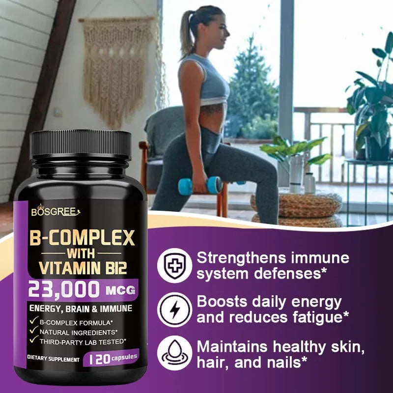 Vitamin B Complex Supplement, Vitamins B1,B2,B3,B5,B6,B9,B12,B16-Vitamin C,Inositol,Immune&Energy Metabolism,Brain&Heart Support
