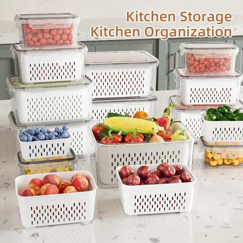 17 Piece  Food Storage Containers for Kitchen Organization Includes 7 Lids 7 Boxes 3 Drain Baskets Ideal for Fruits Vegetables