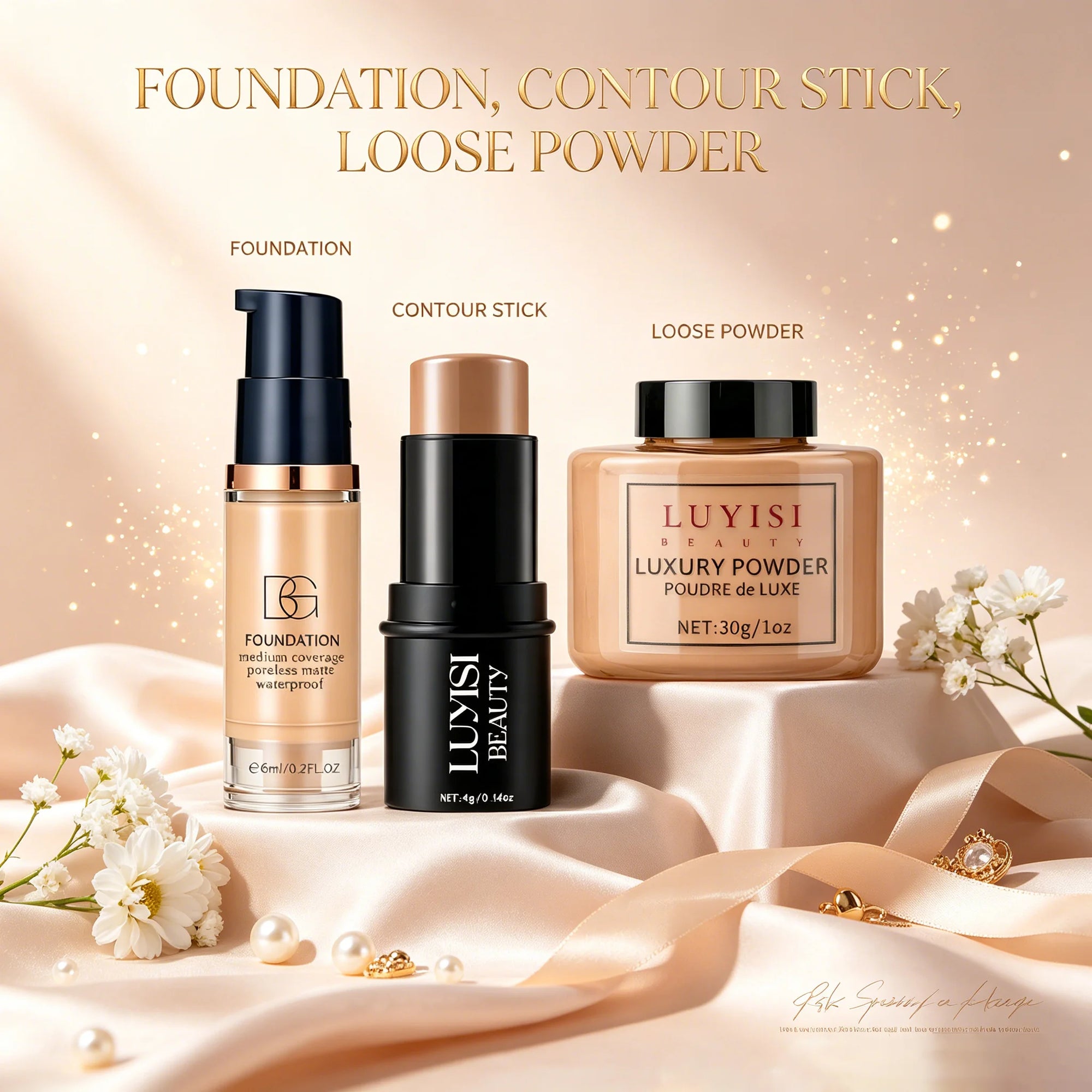 Facial Makeup Set:1PC Foundation+1PC Contouring Stick+1PC Setting Powder,Full Coverage,Waterproof And Sweatproof,Soft Cosmetics.