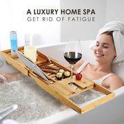 Extendable Bamboo Bathtub Caddy Tray with Book & Wine Holders