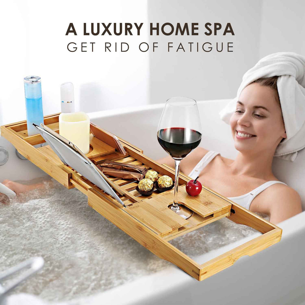 Extendable Bamboo Bathtub Caddy Tray with Book & Wine Holders