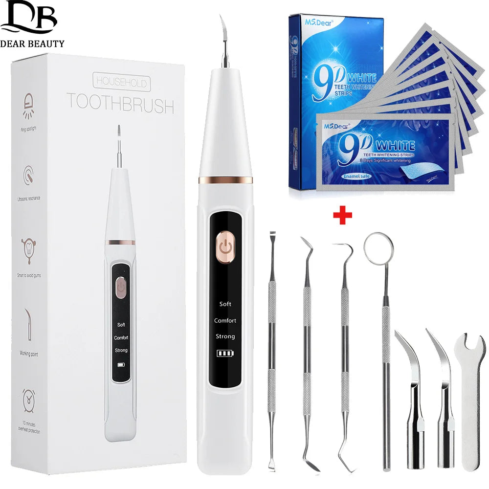 Ultrasonic Dental Calculus Remover and 9D Teeth Whitening Strips Plaque Scaler Tartar Eliminator Electric Tooth Cleaner Set
