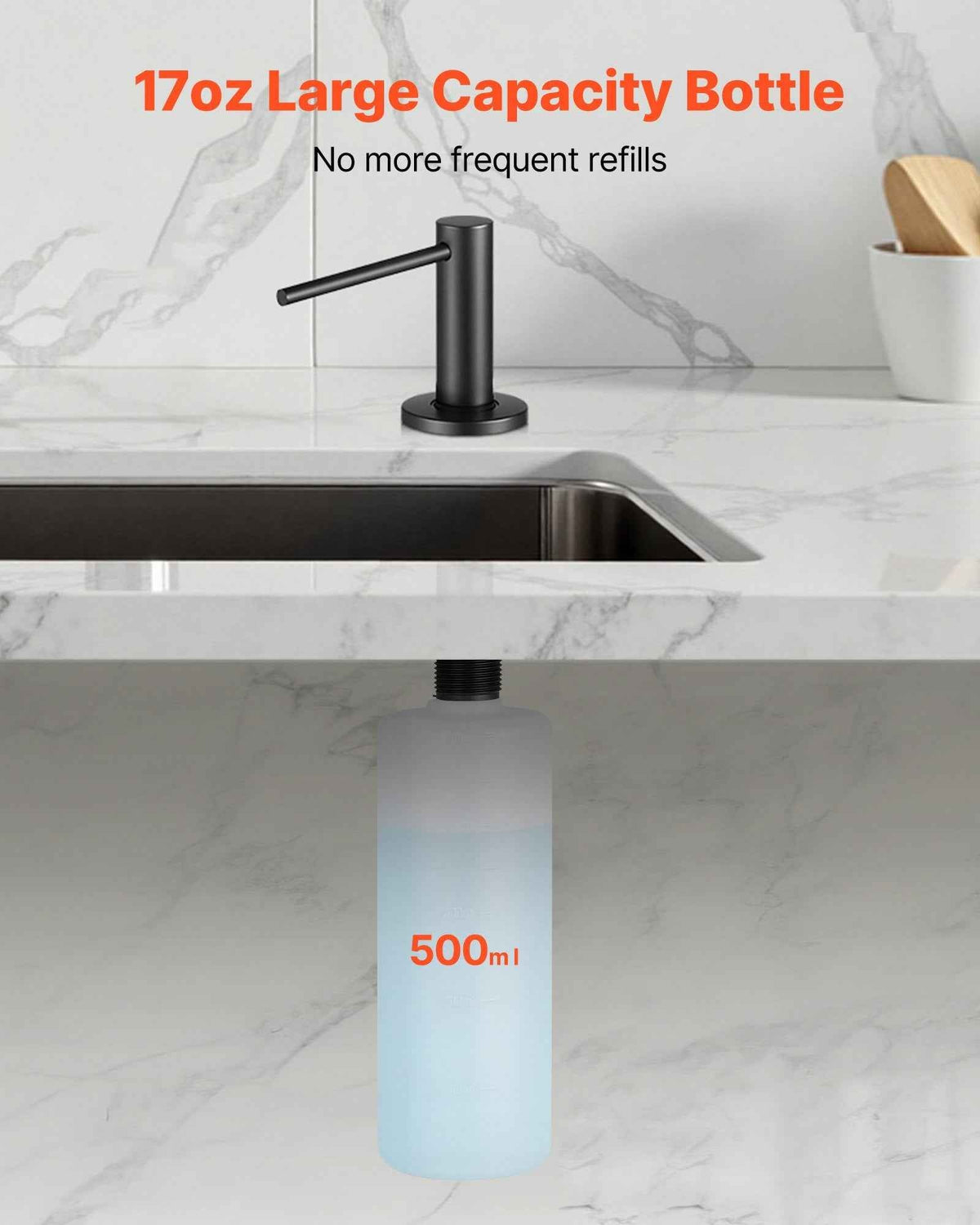 Built-In Kitchen Sink Soap Dispenser with 17oz Bottle & Stainless Head