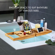 Extendable Bamboo Bathtub Caddy Tray with Book & Wine Holders