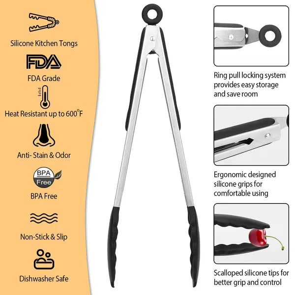 3-Piece Stainless Steel Locking Kitchen Tongs with Silicone Tips