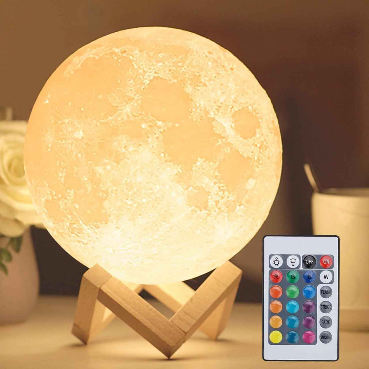 16-Color Moon Lamp Night Light with Stand & Remote Control