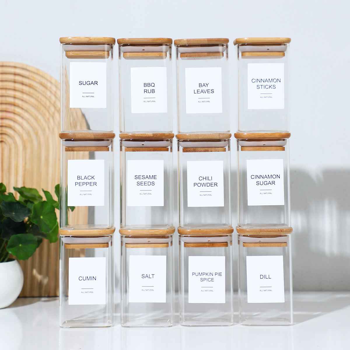 12-Piece Square Glass Spice Jars with Labels & Chalkboard Stickers