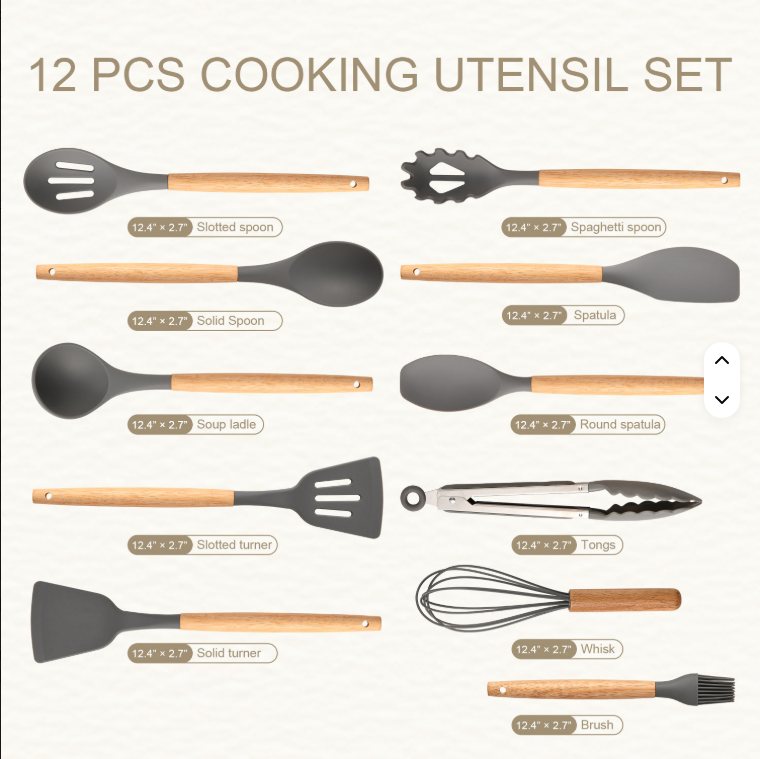 12-Piece Silicone Cooking Utensil Set with Wooden Handles