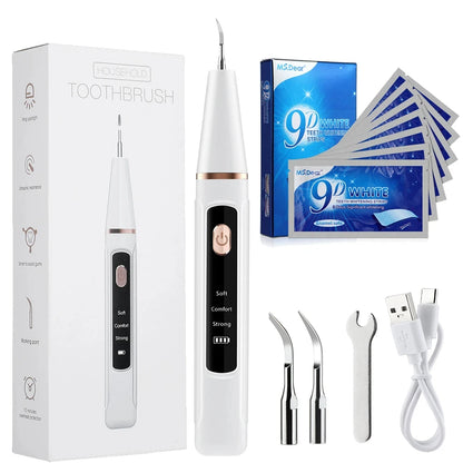 Ultrasonic Dental Calculus Remover and 9D Teeth Whitening Strips Plaque Scaler Tartar Eliminator Electric Tooth Cleaner Set