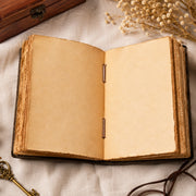 Open leather journal showing blank handmade textured pages